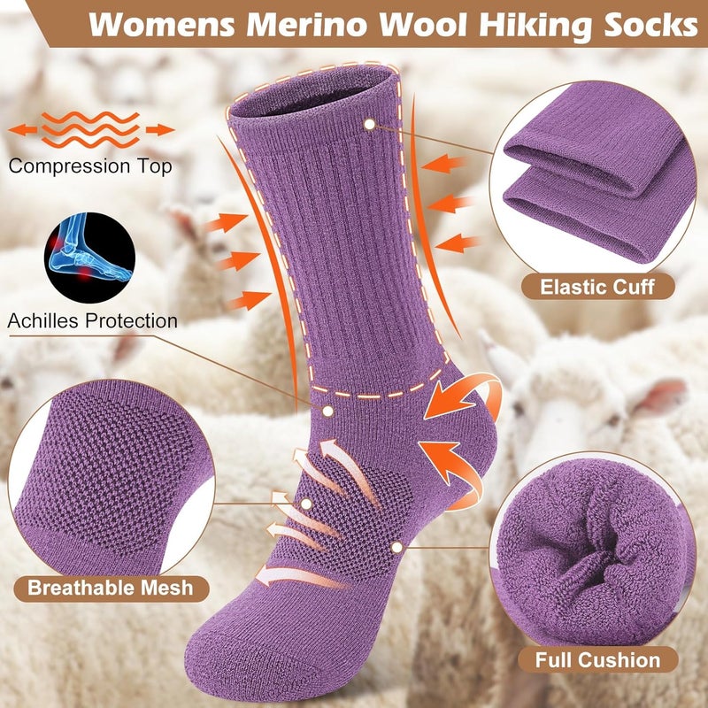 SEEKSOCK Store 5 Pairs Womens Merino Wool Hiking Socks Winter Warm Crew Moisture Wicking Thick Cushioned Striped Boot Socks - Image 2